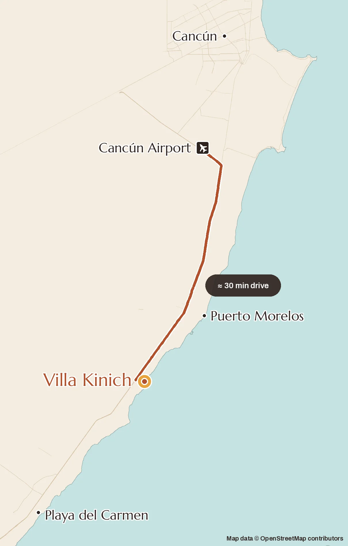 Map: Villa Kinich on the coast, about 30 minutes south of Cancún Airport, between Cancún and Playa del Carmen